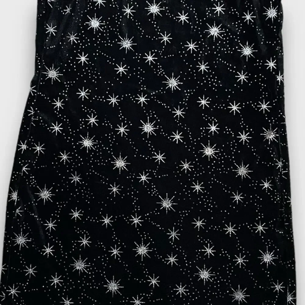 BOUTIQUE Y2K VELOUR CELESTIAL STARS MINI PARTY DRESS BLACK SILVER SMALL